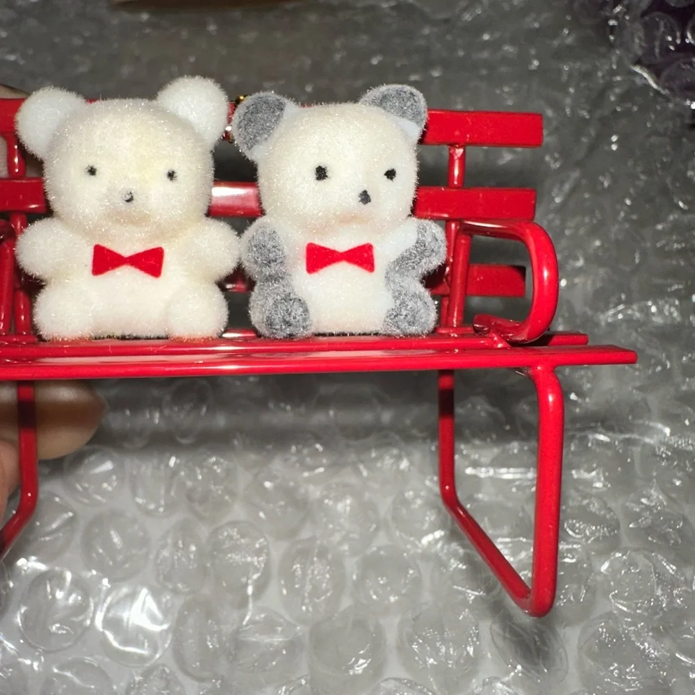 Avon Teddy Bear Collection Ornaments on bench with Red Bows - Picture 5 of 16